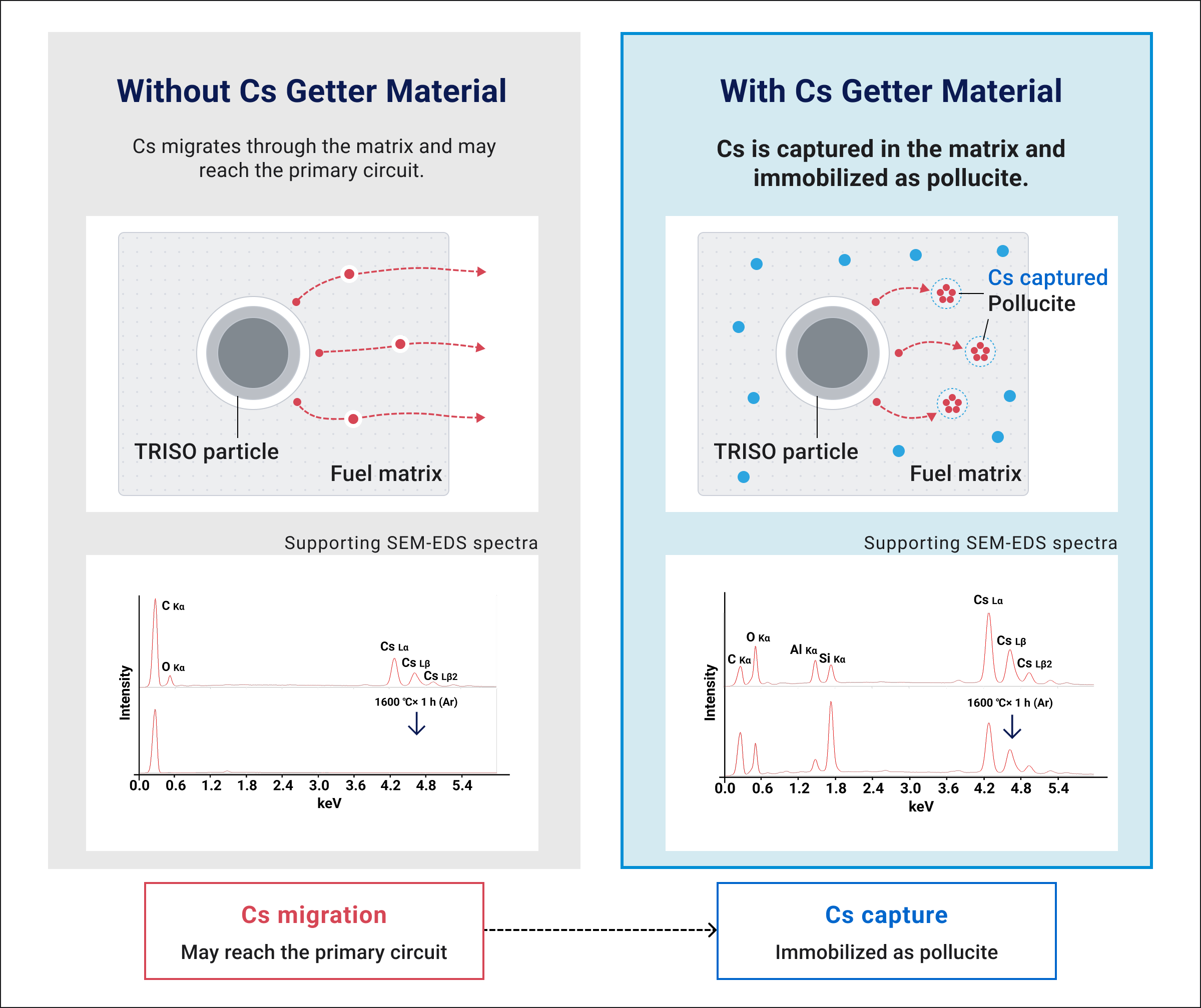 Comparison of fuel without and with Cs getter material showing concept diagrams and supporting SEM-EDS spectra, illustrating cesium migration versus capture and immobilization as pollucite